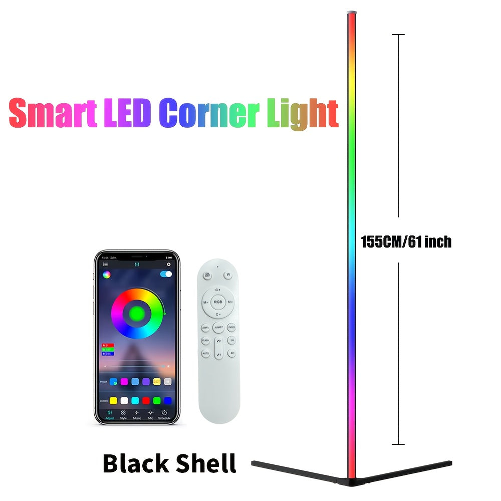 Smart App en afstandsbediening voor kleurveranderende omgevingsvloerklamp voor slaapkamer, woonkamer en spelkamer, 155 cm hoek-LED-lamp met USB-aansluiting.